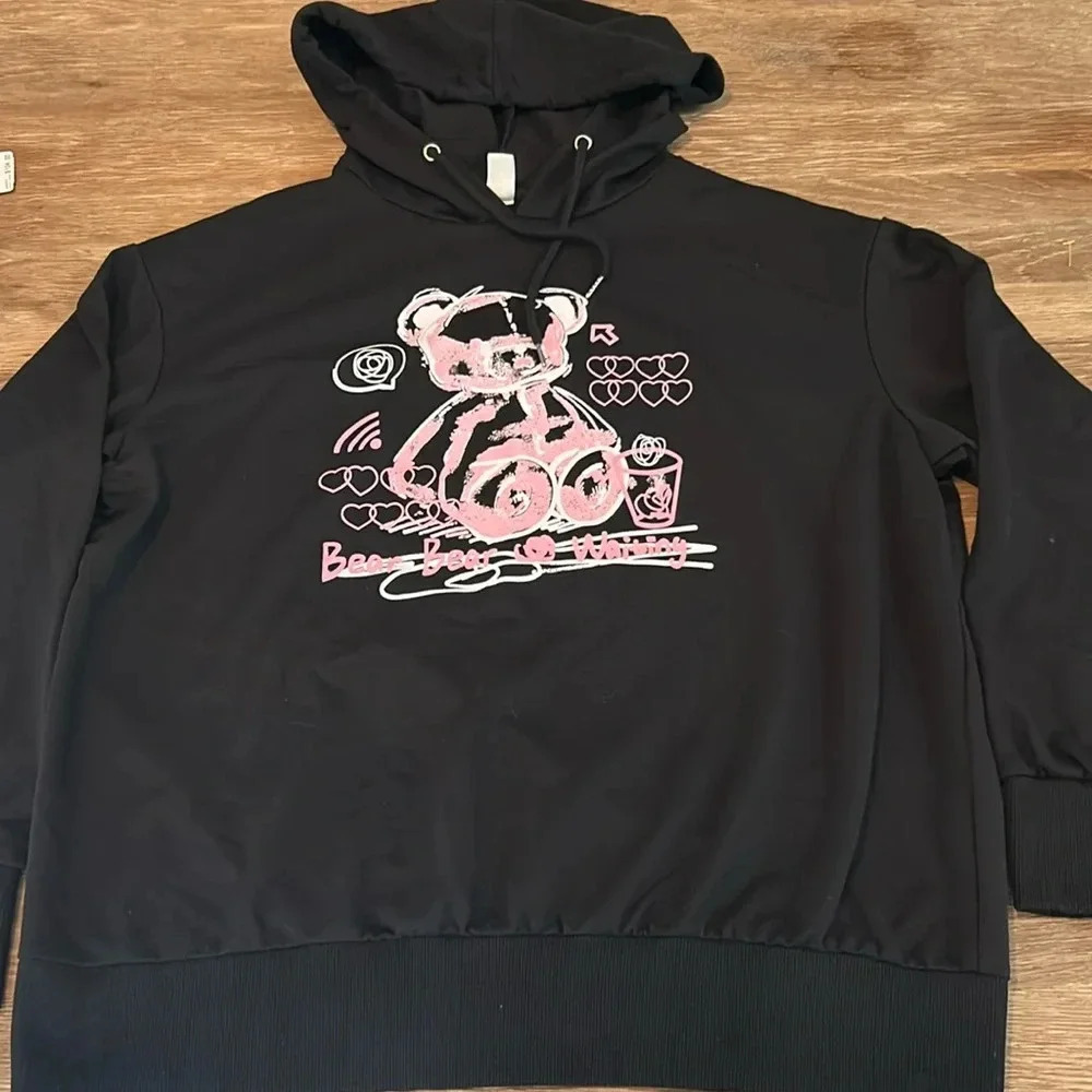 ROMWE Black Hoodie with Pink Teddy Graphic - Short Sleeve Tee Style